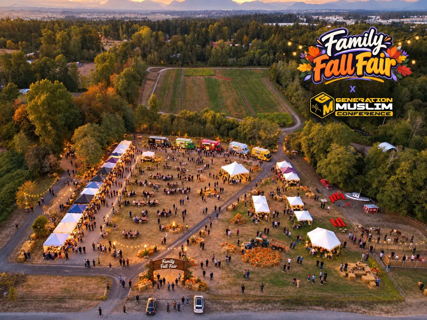 Aerial view of the Family Fall Fair at dusk, with lit tents, food trucks, pumpkin displays, and crowds gathered on the farm.